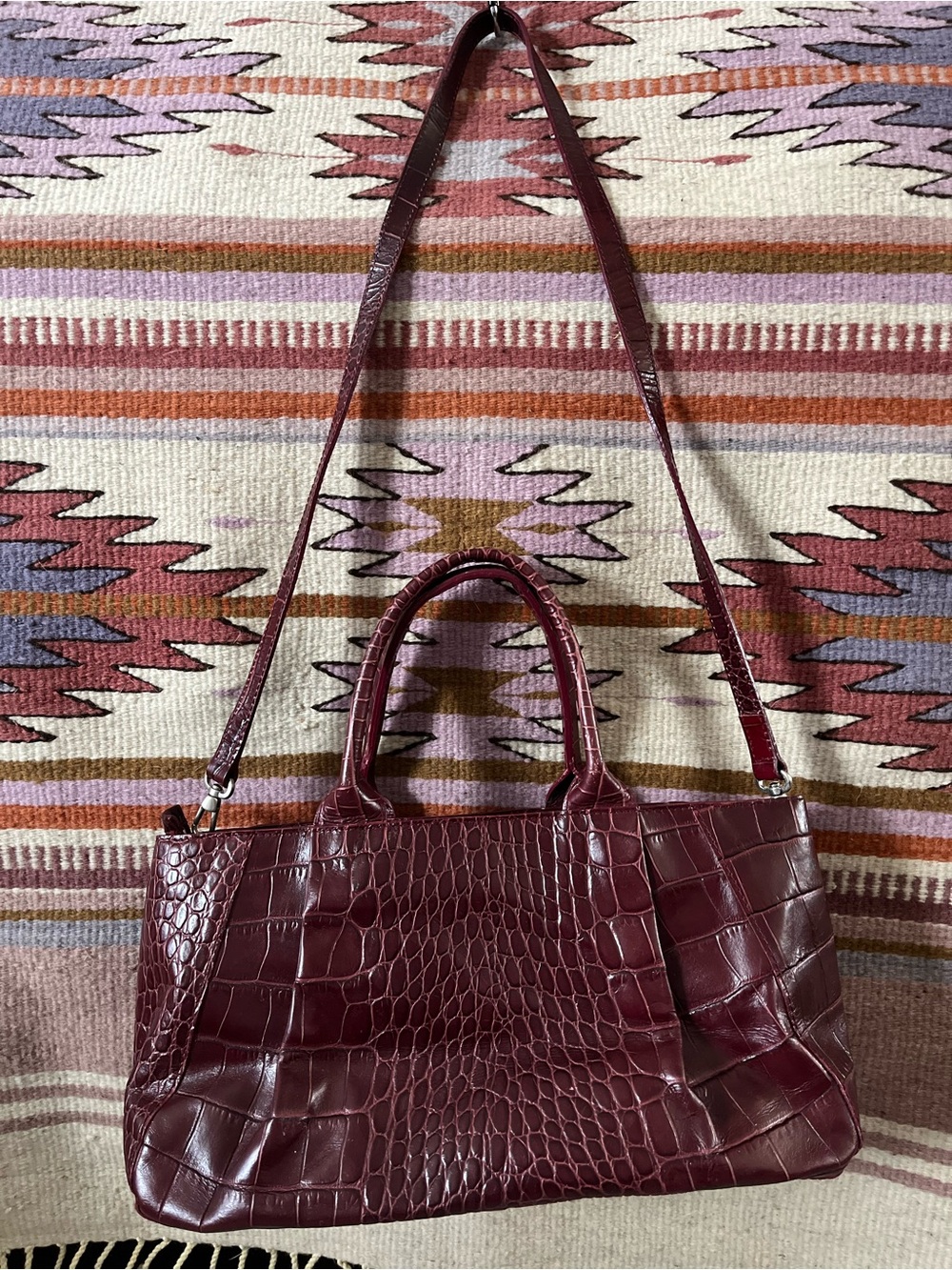 Vintage Furla Leather Croc Embossed Red Tote Bag Shoulder Crocodile Italy Purse